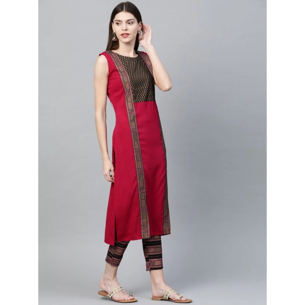 Amfyn Women's Casual Sleeveless Foil Printed Crepe Kurti and Pant Set (Pink)