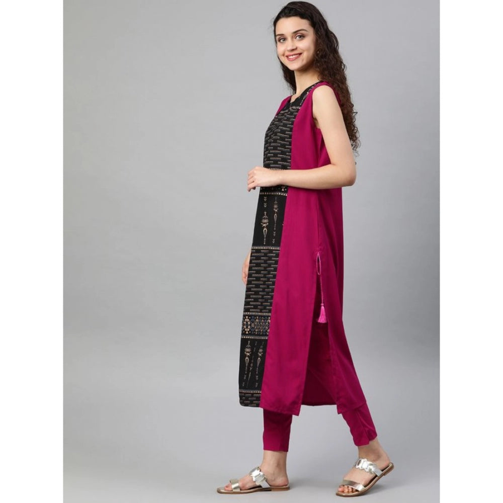 Amfyn Women's Casual sleeveless Tribal Crepe Kurti and Pant Set (Pink)