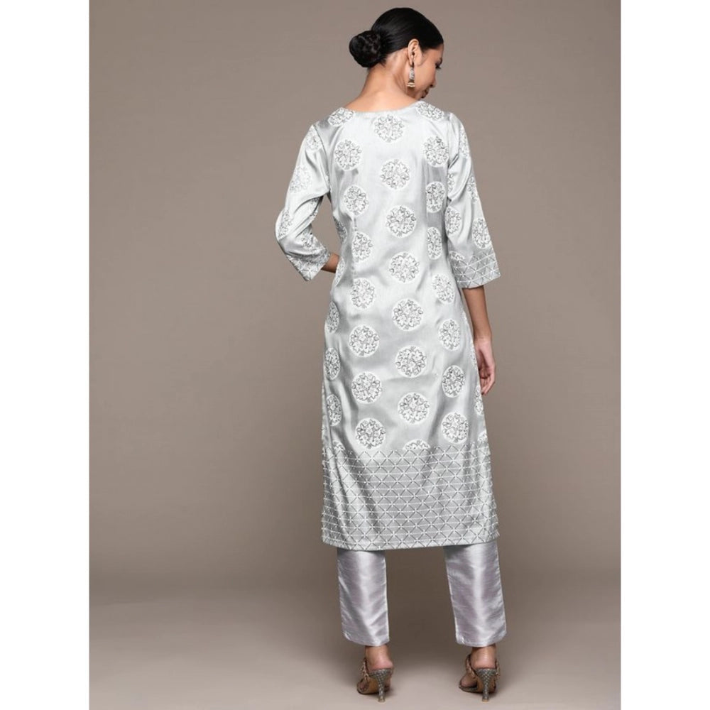 Amfyn Women's Casual 3-4Th Sleeve Floral Printed Poly Silk Kurti and Pant Set (Light Grey)