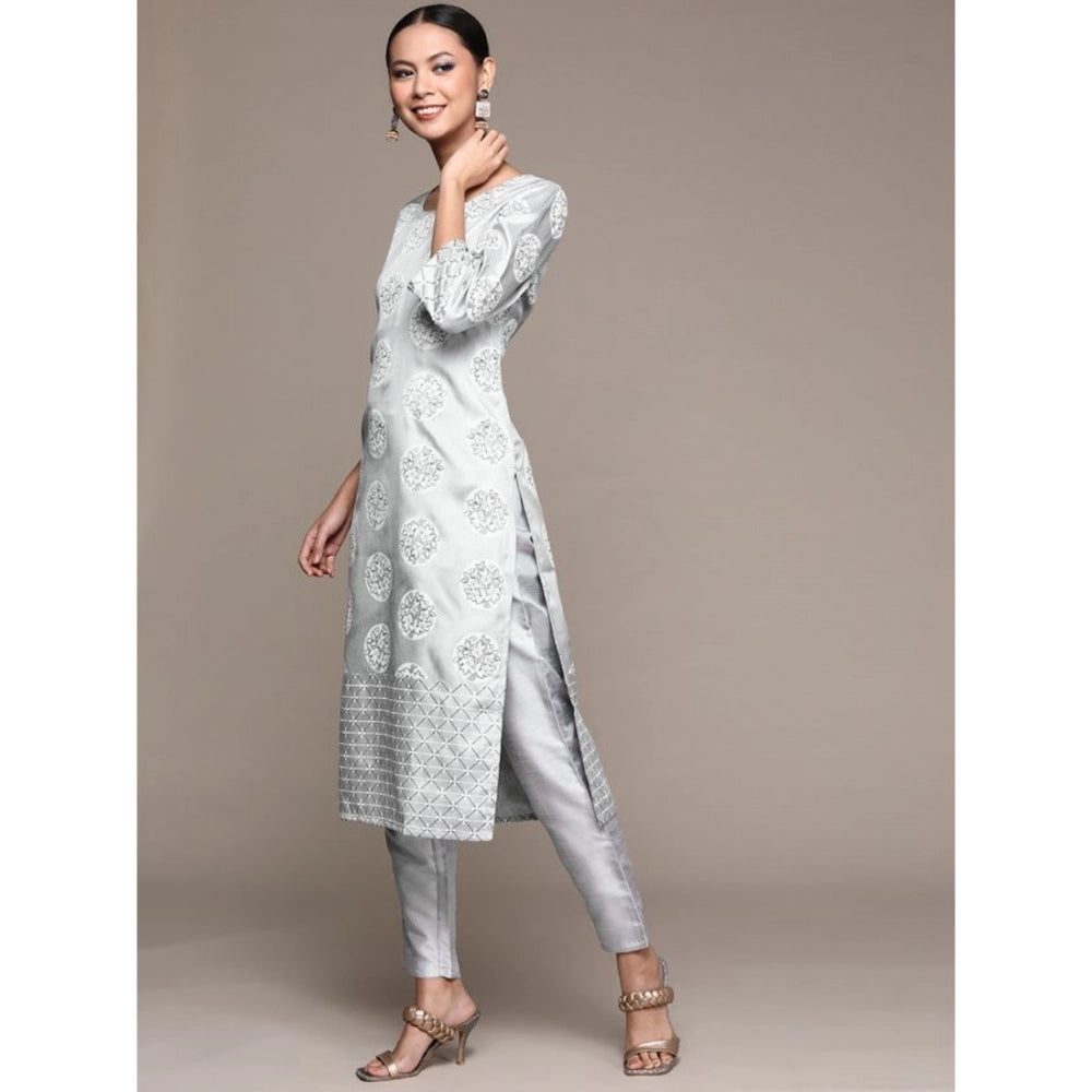 Amfyn Women's Casual 3-4Th Sleeve Floral Printed Poly Silk Kurti and Pant Set (Light Grey)