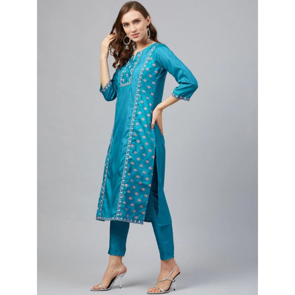 Amfyn Women's Casual 3-4Th Sleeve Floral Printed Poly Silk Kurti and Pant Set (Blue)