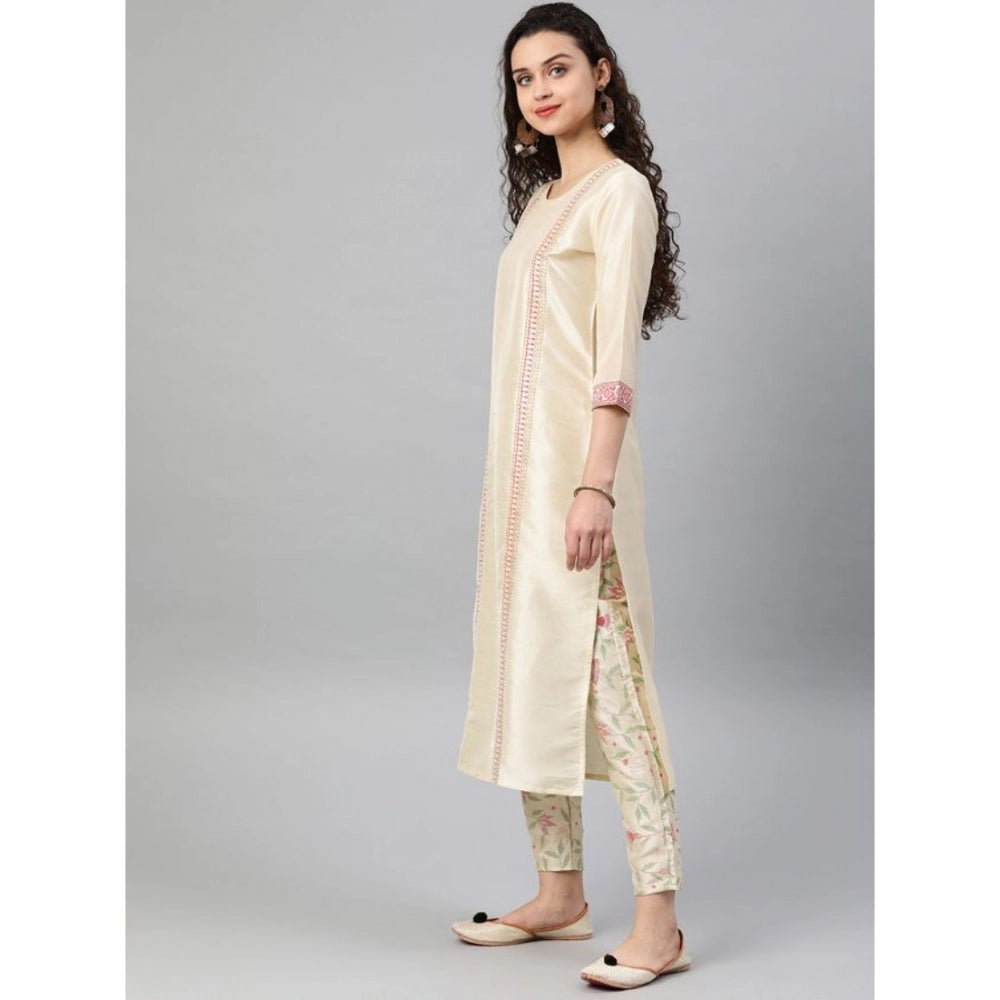 Amfyn Women's Casual 3-4Th Sleeve Geometric Poly Silk Kurti and Pant Set (Cream)