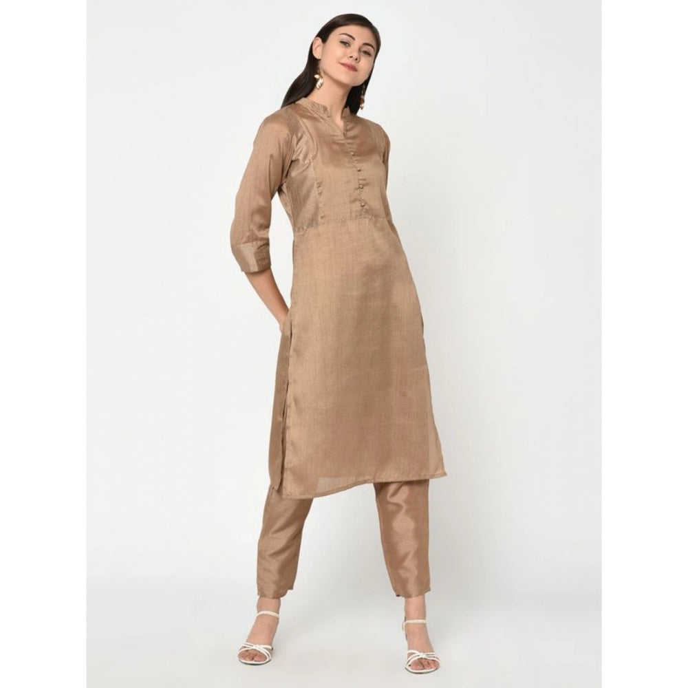 Amfyn Women's Casual 3-4Th Sleeve Solid Poly Silk Kurti and Pant Set (Brown)