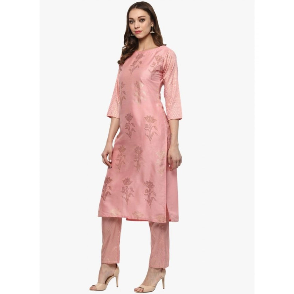 Amfyn Women's Casual 3-4Th Sleeve Floral Printed Poly Silk Kurti and Pant Set (Pink)