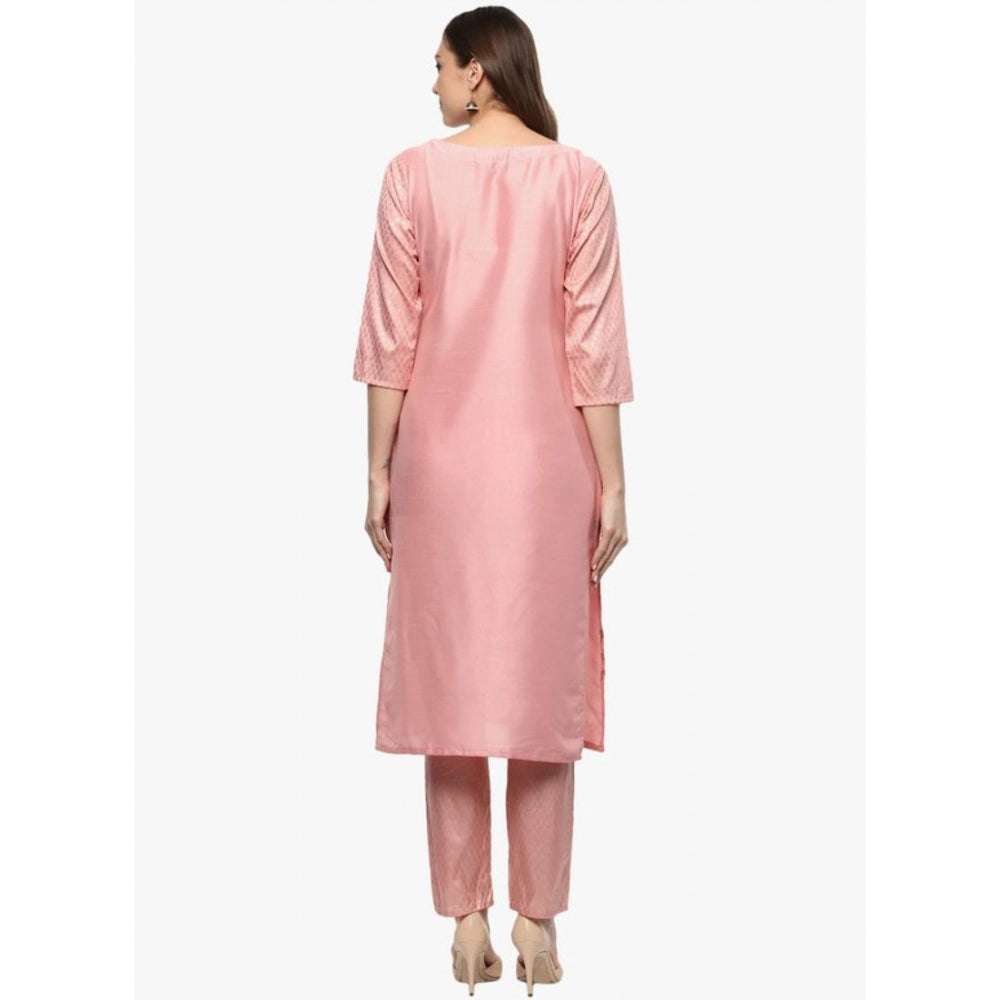 Amfyn Women's Casual 3-4Th Sleeve Floral Printed Poly Silk Kurti and Pant Set (Pink)