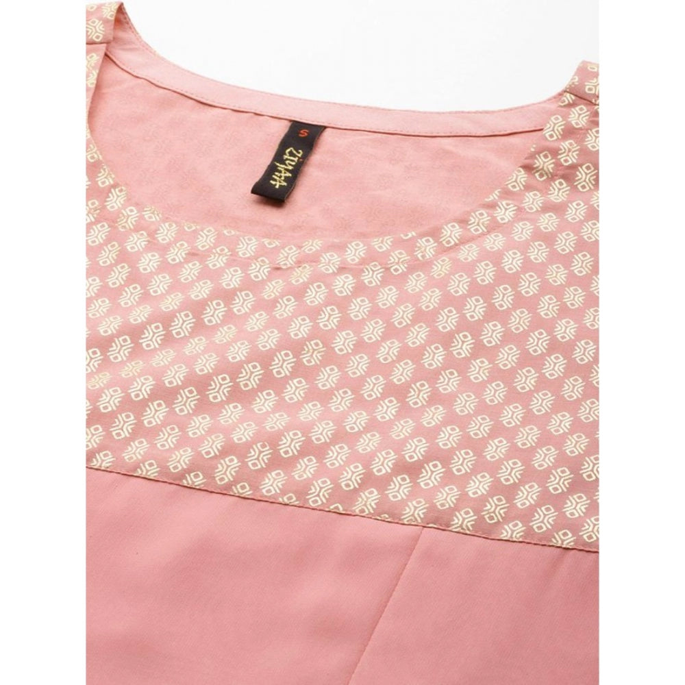 Amfyn Women's Casual 3-4Th Sleeve Geometric Georgette &amp; Crepe Kurti and Pant Set (Pink)