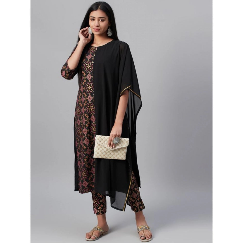 Amfyn Women's Casual Half Sleeve Ethnic Motifs Georgette &amp; Crepe Kurti and Pant Set (Black)