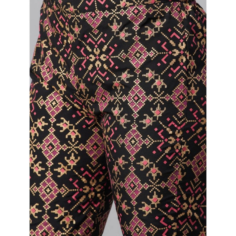 Amfyn Women's Casual Half Sleeve Ethnic Motifs Georgette &amp; Crepe Kurti and Pant Set (Black)