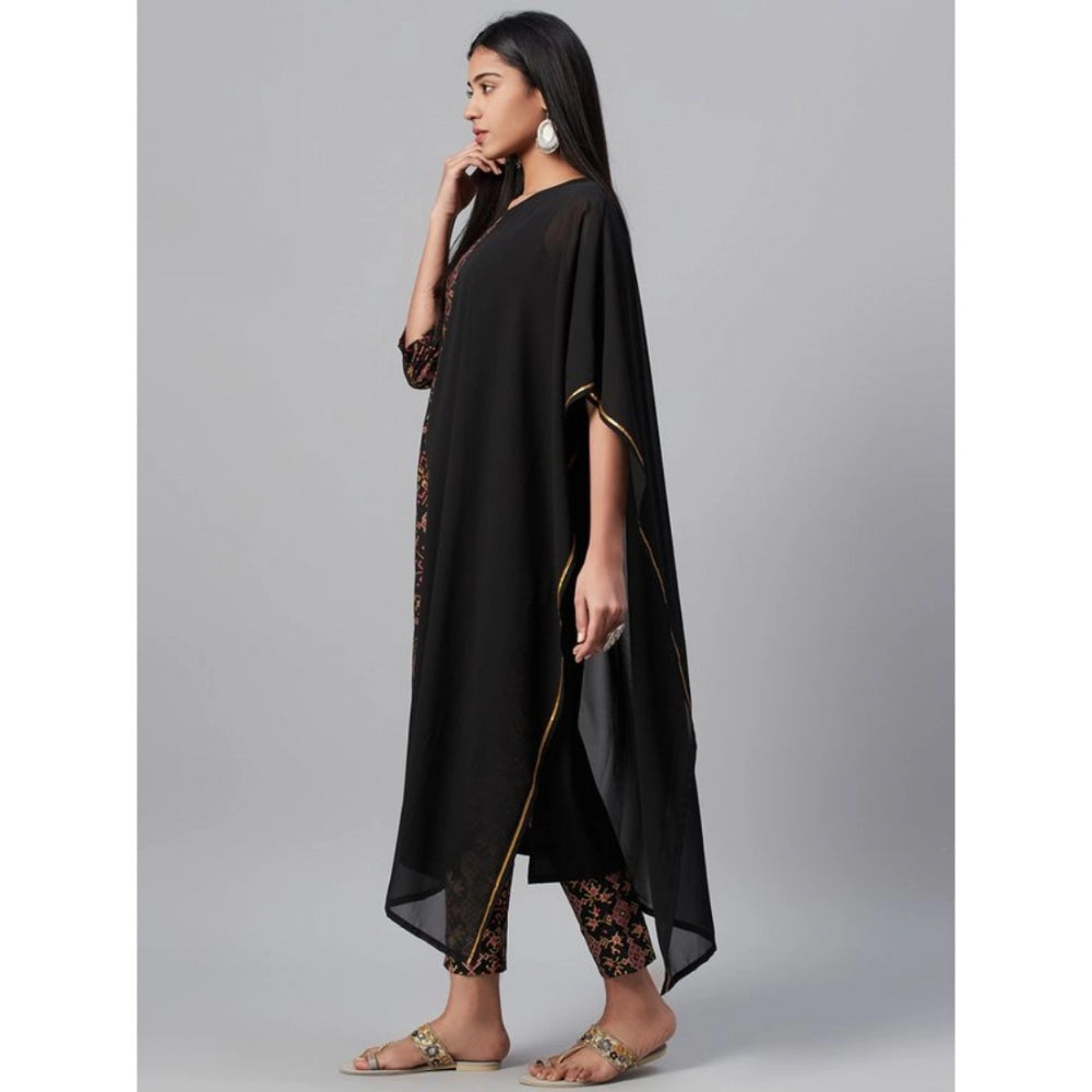 Amfyn Women's Casual Half Sleeve Ethnic Motifs Georgette &amp; Crepe Kurti and Pant Set (Black)