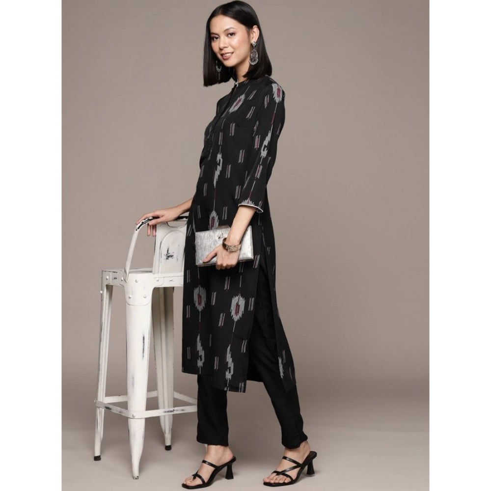 Amfyn Women's Casual 3-4Th Sleeve Ikkat Crepe Kurti And Pant Set (Black)