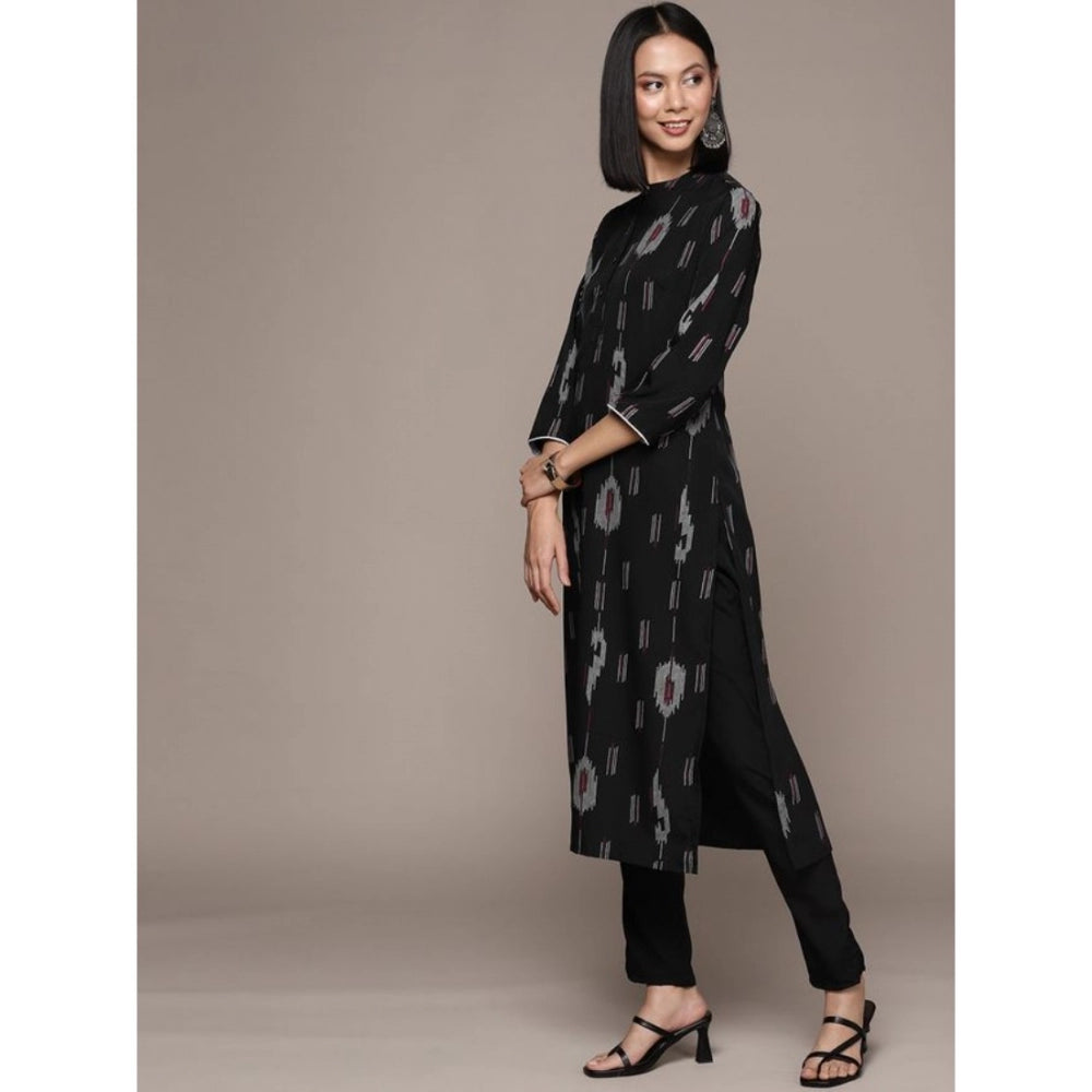 Amfyn Women's Casual 3-4Th Sleeve Ikkat Crepe Kurti And Pant Set (Black)