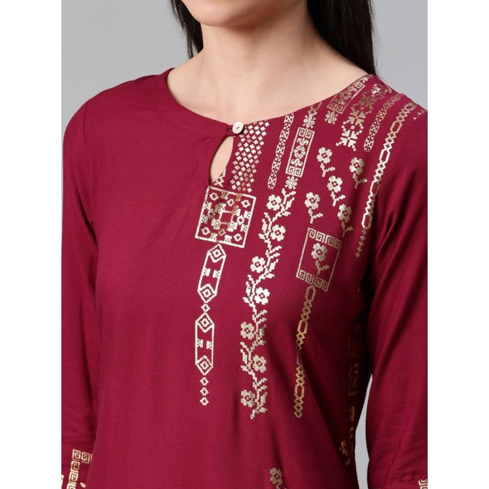 Amfyn Women's Casual 3-4Th Sleeve Floral Printed Rayon Kurti And Pant Set (Maroon)