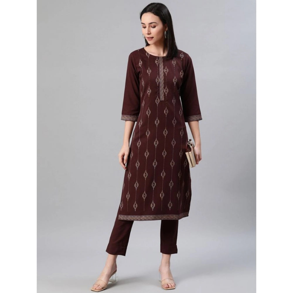 Amfyn Women's Casual 3-4Th Sleeve Ethnic Motifs Rayon Kurti And Pant Set (Brown)