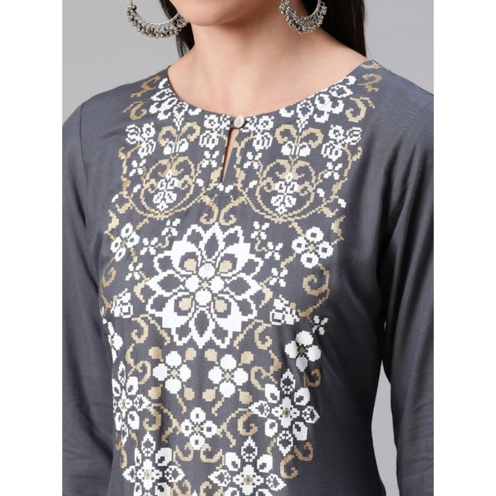 Amfyn Women's Casual 3-4Th Sleeve Floral Printed Rayon Kurti And Pant Set (Grey)