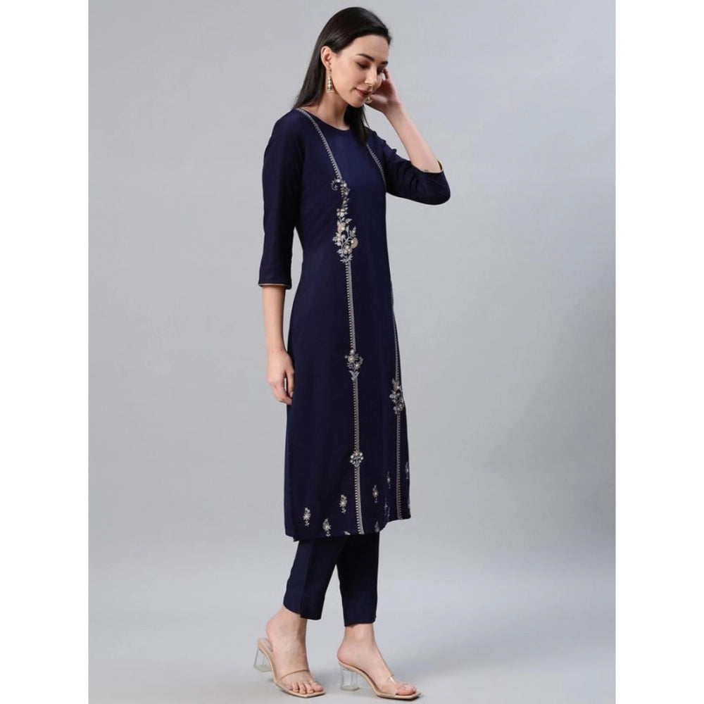 Amfyn Women's Casual 3-4Th Sleeve Floral Printed Rayon Kurti And Pant Set (Blue)