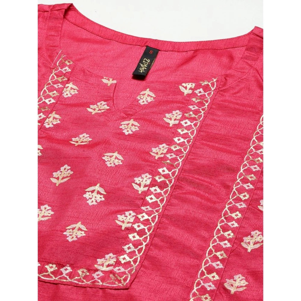 Amfyn Women's Casual 3-4Th Sleeve Floral Printed Poly Silk Kurti And Pant Set (Pink)