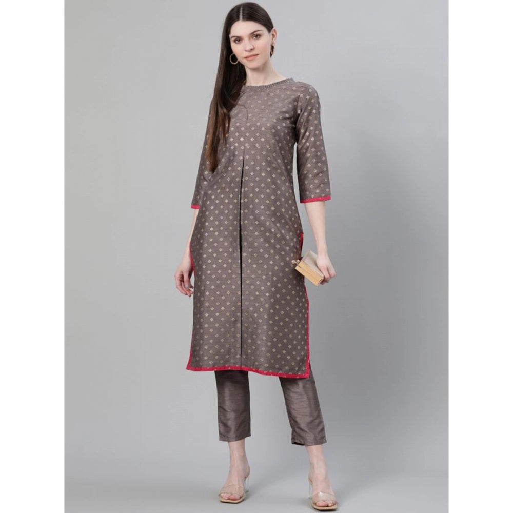 Amfyn Women's Casual 3-4Th Sleeve Ethnic Motifs Poly Silk Kurti And Pant Set (Grey)
