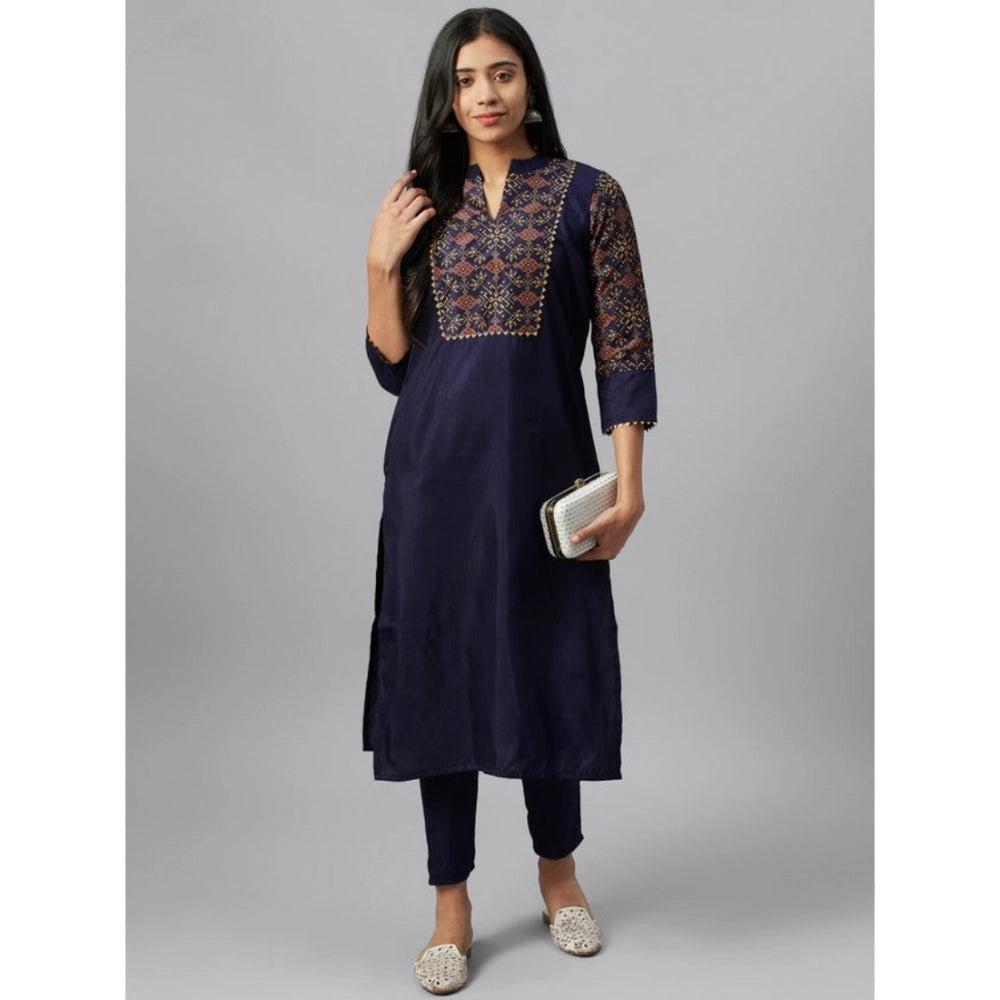 Amfyn Women's Casual 3-4Th Sleeve Ethnic Motifs Poly Silk Kurti and Pant Set (Blue)