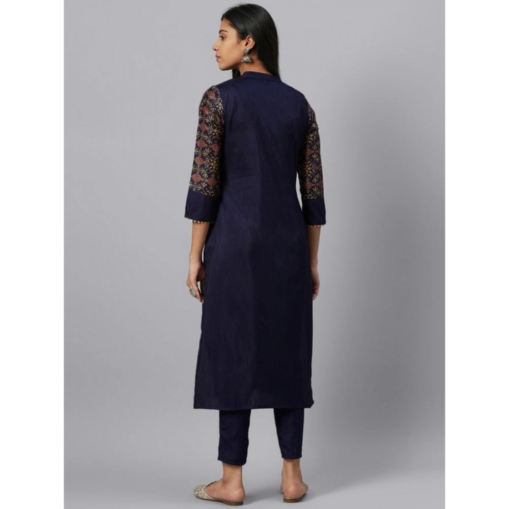 Amfyn Women's Casual 3-4Th Sleeve Ethnic Motifs Poly Silk Kurti and Pant Set (Blue)