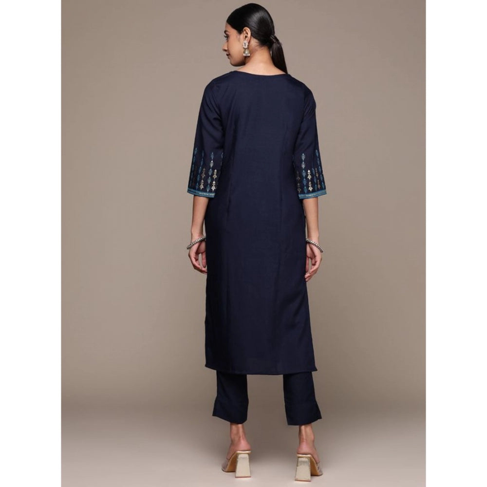 Amfyn Women's Casual 3-4Th Sleeve Floral Printed Rayon Kurti And Pant Set (Navy Blue)