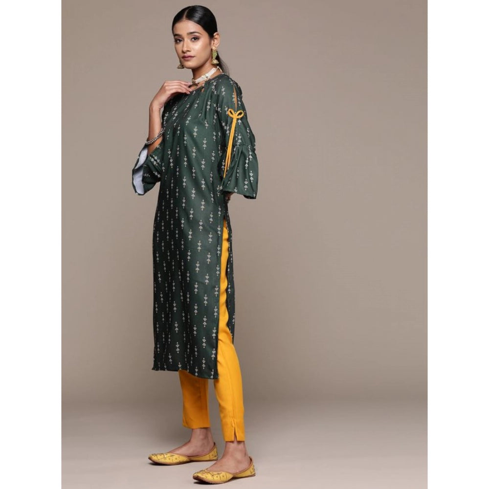 Amfyn Women's Casual 3-4Th Sleeve Ethnic Motifs Rayon Kurti And Pant Set (Bottle Green)