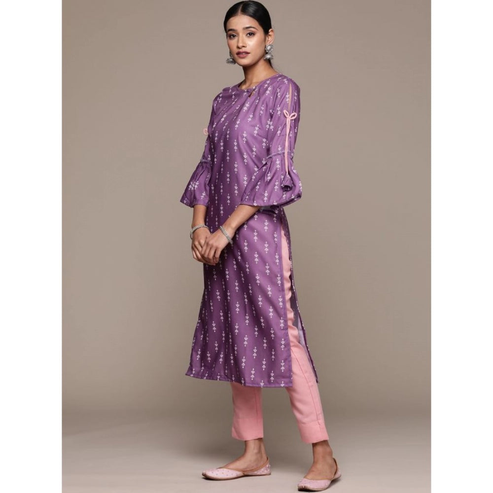 Amfyn Women's Casual 3-4Th Sleeve Ethnic Motifs Rayon Kurti And Pant Set (Lavender)