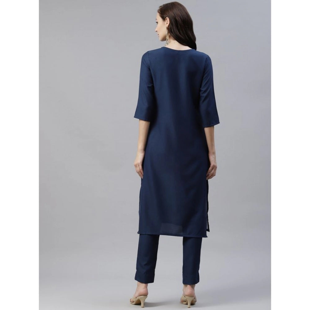 Amfyn Women's Casual 3-4Th Sleeve Floral Printed Rayon Kurti And Pant Set (Navy Blue)