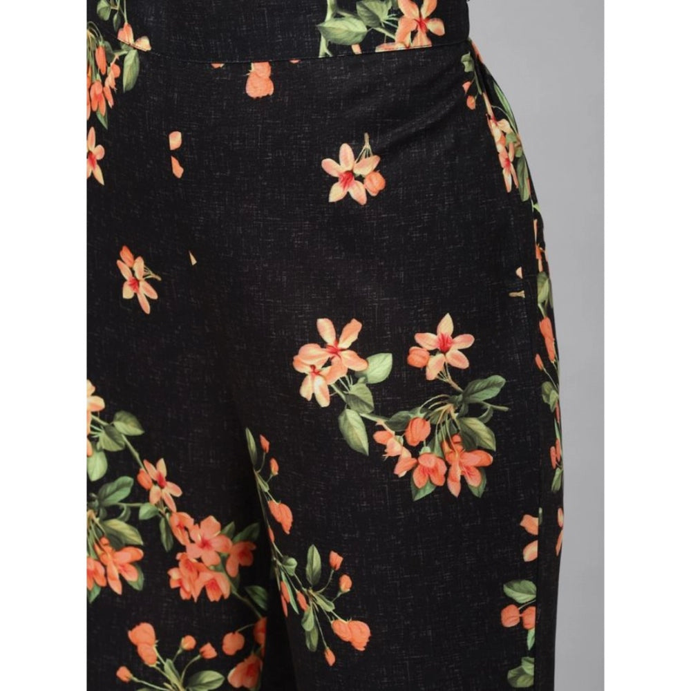 Amfyn Women's Casual 3-4Th Sleeve Floral Printed Rayon Kurti And Pant Set (Black)