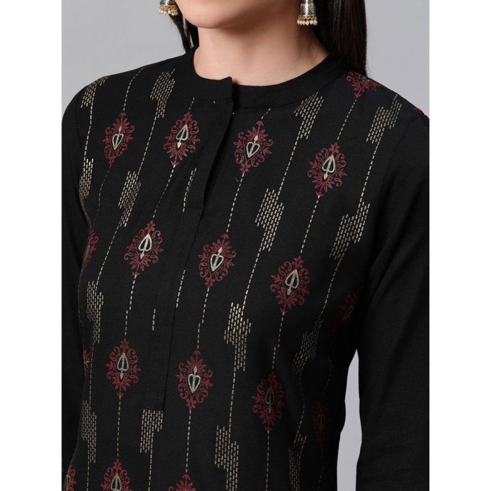 Amfyn Women's Casual 3-4Th Sleeve Ethnic Motifs Rayon Kurti And Pant Set (Black)