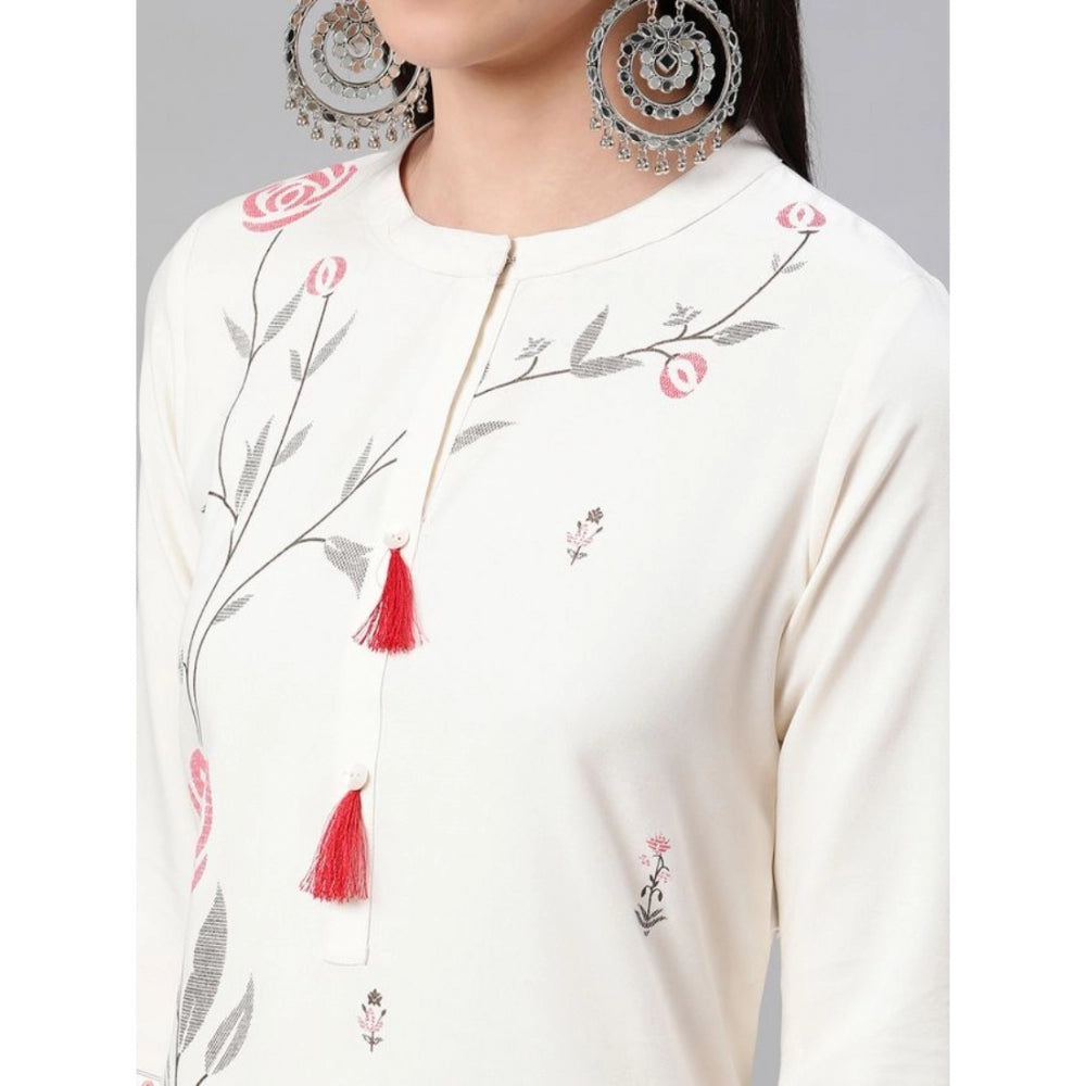 Amfyn Women's Casual 3-4Th Sleeve Floral Printed Rayon Kurti And Pant Set (Cream)