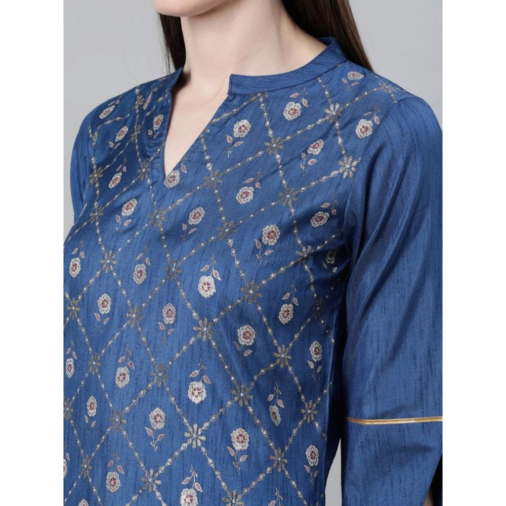 Amfyn Women's Casual 3-4Th Sleeve Floral Printed Poly Silk KurtiPalazzo And Dupatta Set (Blue)