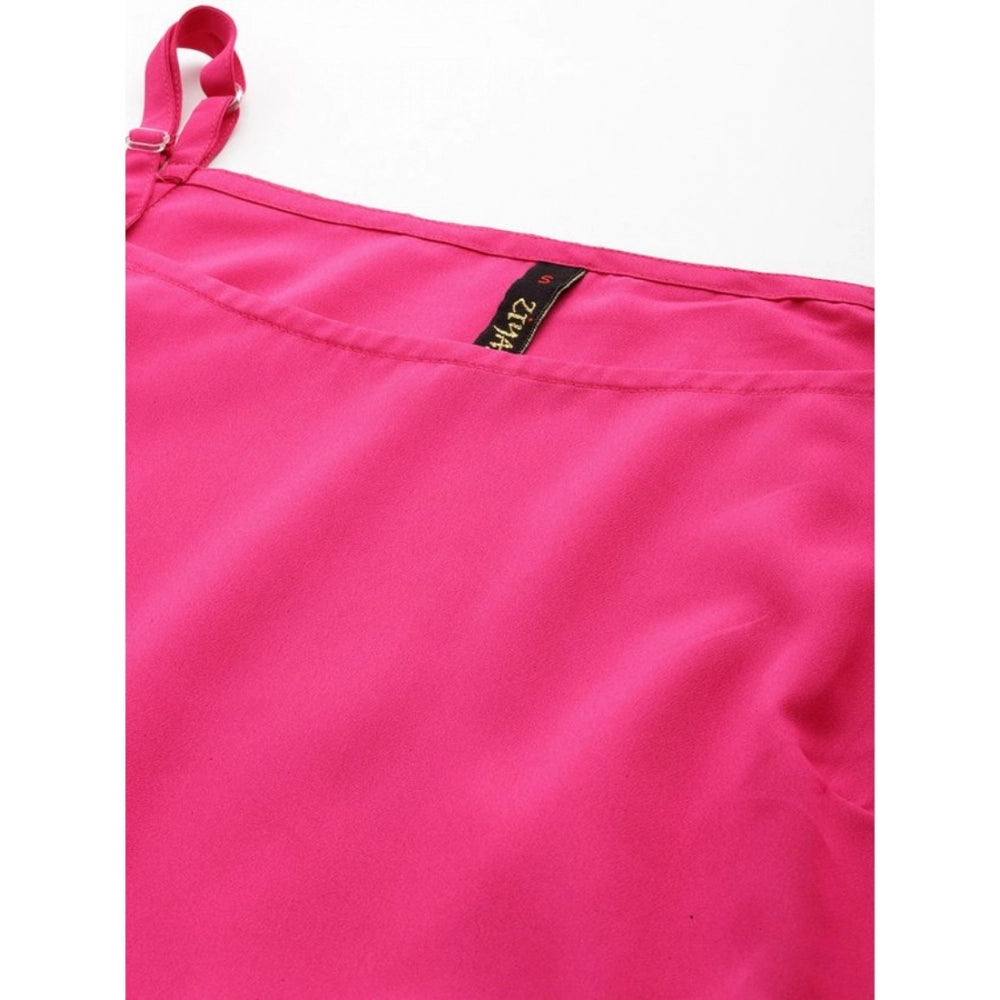 Amfyn Women's Casual Sleeveless Ethnic Motifs Crepe Kurti Sharara And Dupatta Set (Pink)