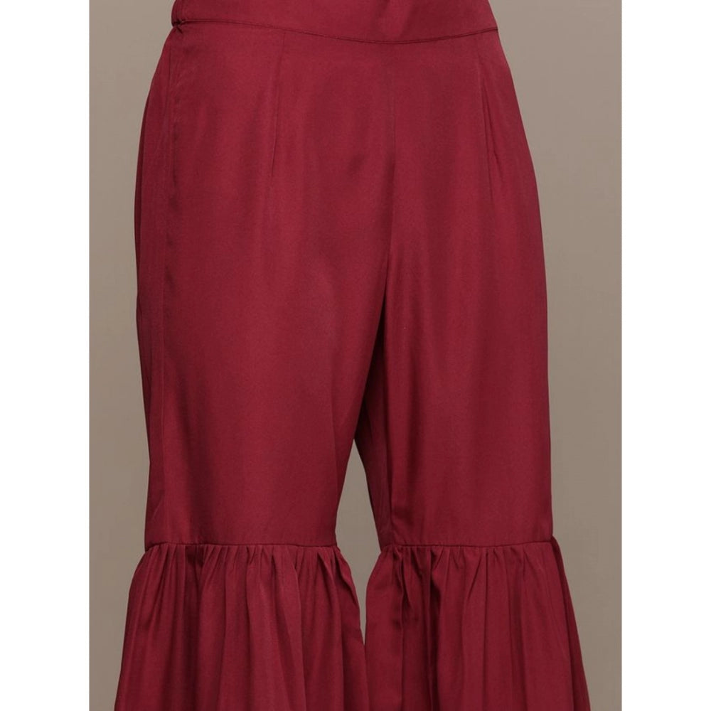 Amfyn Women's Casual Sleeveless Ethnic Motifs Crepe Kurti Sharara And Dupatta Set (Maroon)