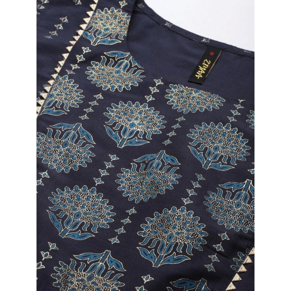 Amfyn Women's Casual Sleeveless Floral Printed Chinon Kurti And Dhoti Pant Set (Dark Blue)