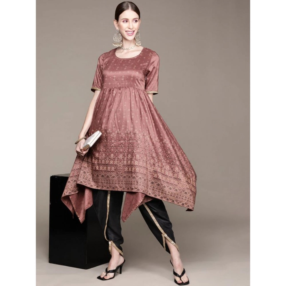 Amfyn Women's Casual Half Sleeve Floral Printed Chinon Kurti And Dhoti Pant Set (Brown)