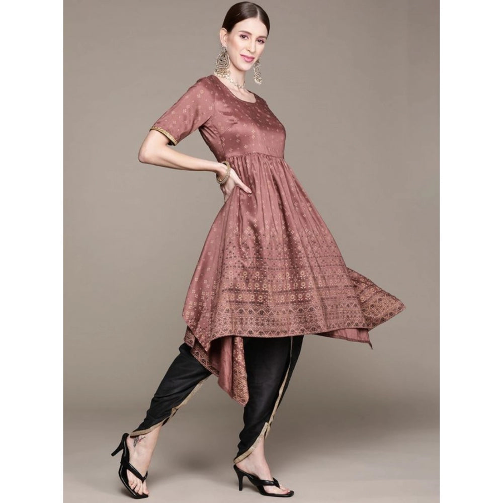 Amfyn Women's Casual Half Sleeve Floral Printed Chinon Kurti And Dhoti Pant Set (Brown)