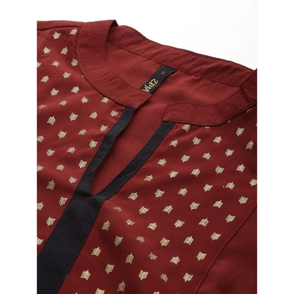 Amfyn Women's Casual 3-4Th Sleeve Ethnic Motifs Crepe Kurti (Maroon)