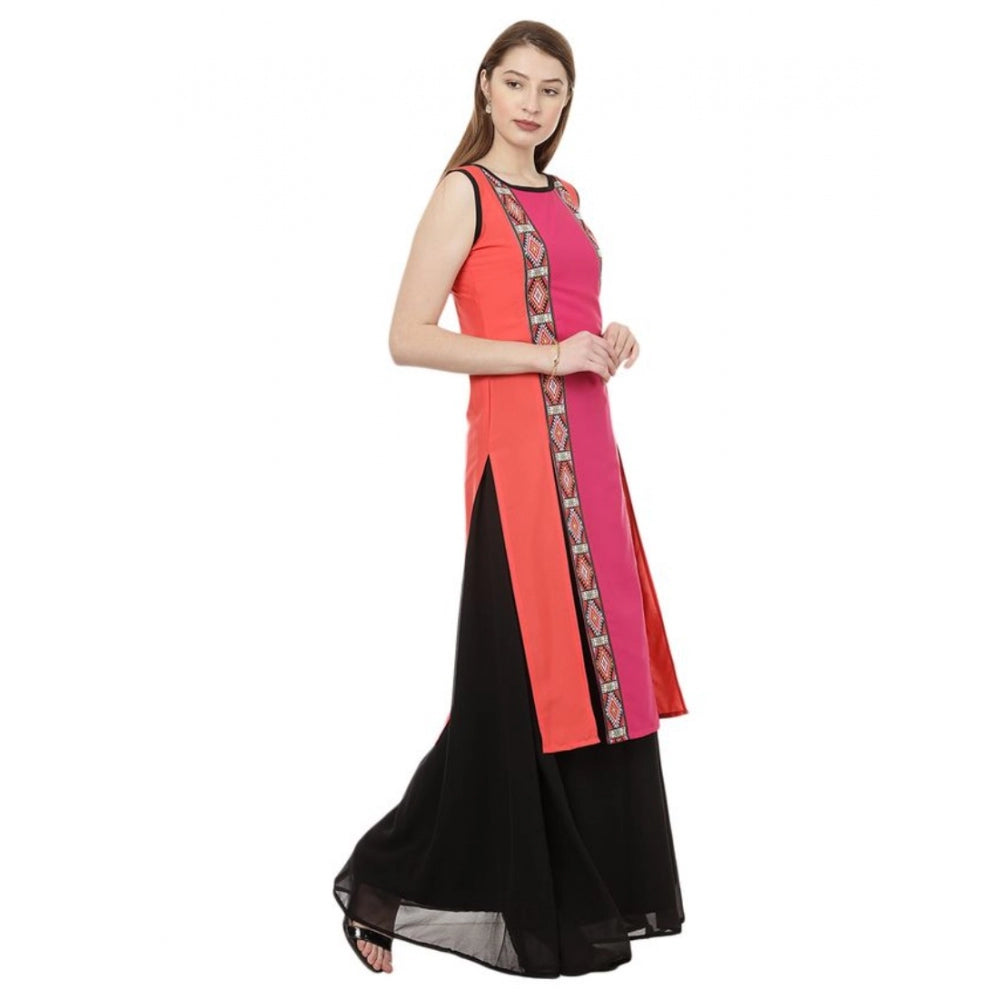 Amfyn Women's Casual Sleeveless Geometric Crepe Kurti (Pink)