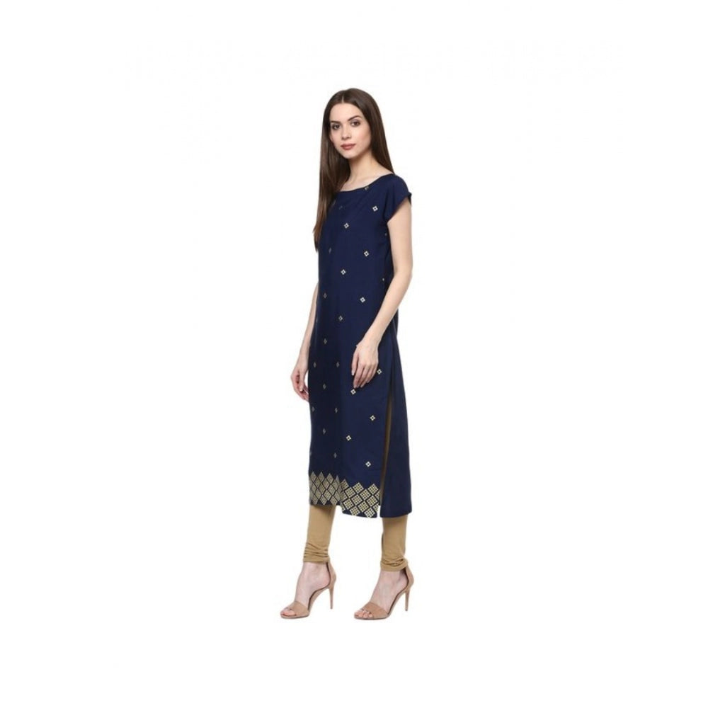 Amfyn Women's Casual Short Sleeves Floral Printed Crepe Kurti (Blue)