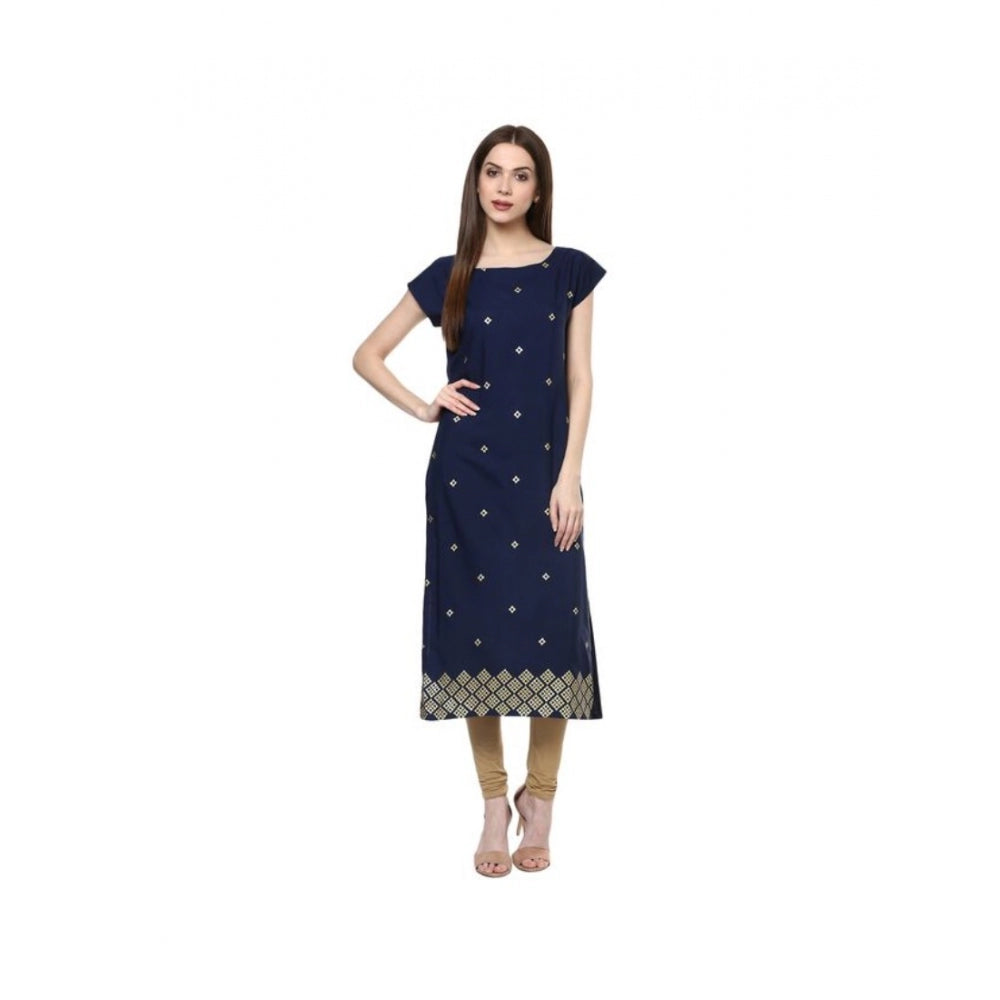 Amfyn Women's Casual Short Sleeves Floral Printed Crepe Kurti (Blue)