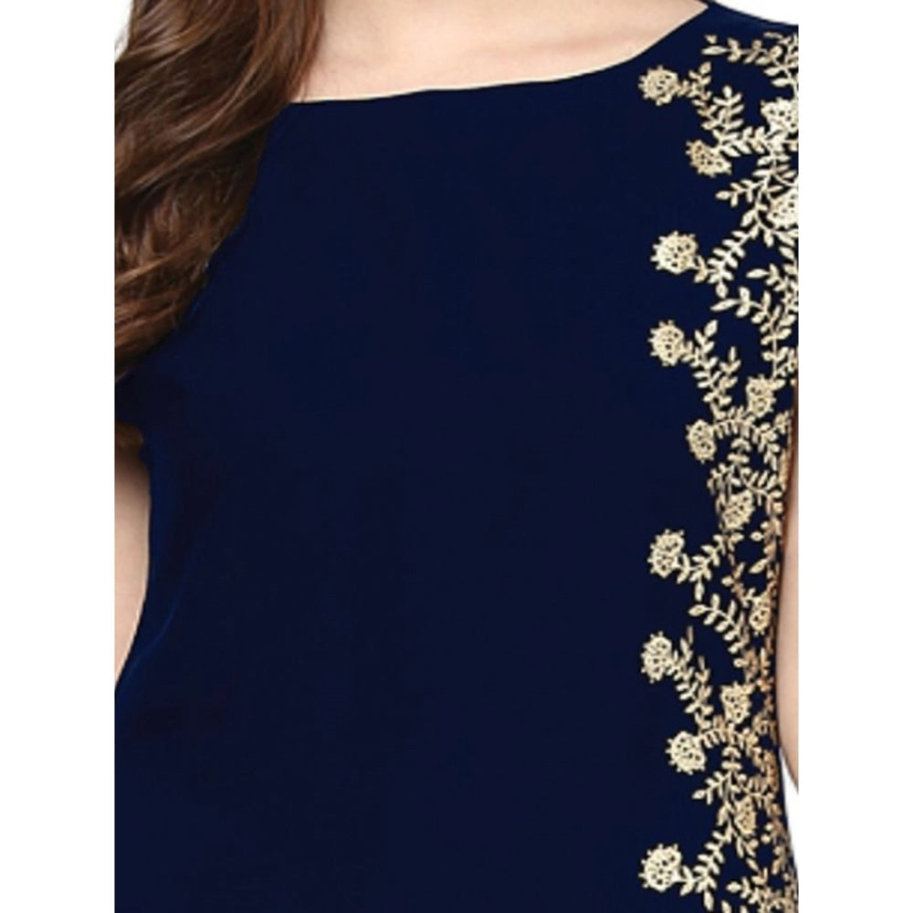 Amfyn Women's Casual Sleeveless Floral Printed Crepe Kurti (Blue)