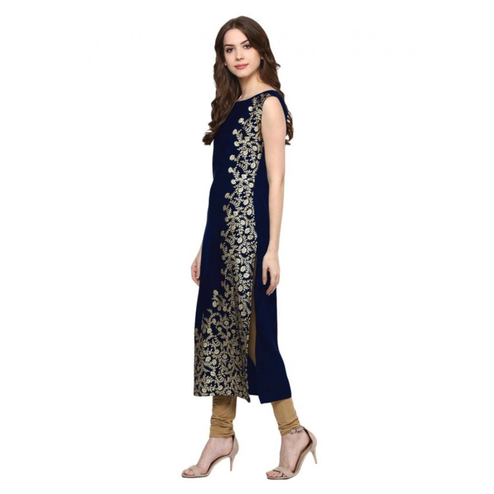 Amfyn Women's Casual Sleeveless Floral Printed Crepe Kurti (Blue)