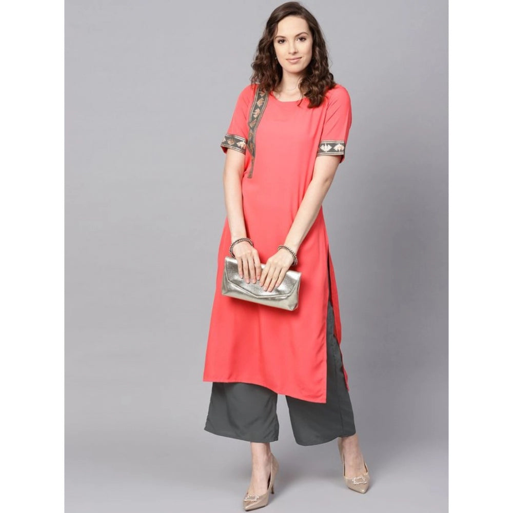 Amfyn Women's Casual Half Sleeve Floral Printed Crepe Kurti and Palazzo Set (Peach)