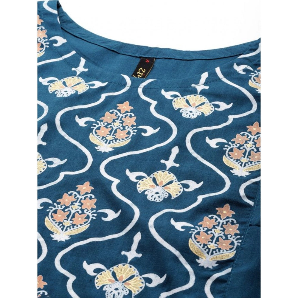 Amfyn Women's Casual Sleeveless Floral Printed Chinon Kurti and Palazzo Set (Teal Blue)
