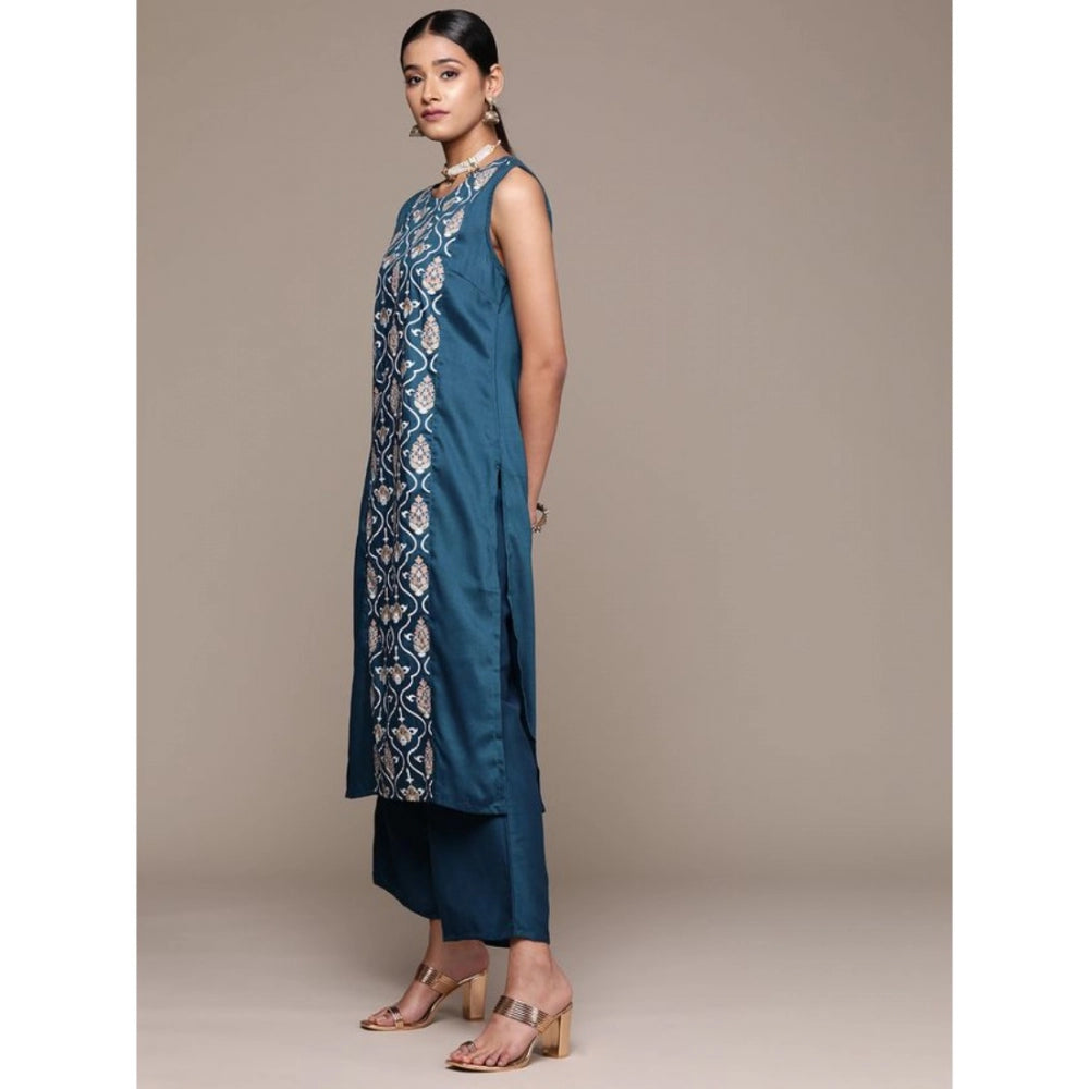 Amfyn Women's Casual Sleeveless Floral Printed Chinon Kurti and Palazzo Set (Teal Blue)