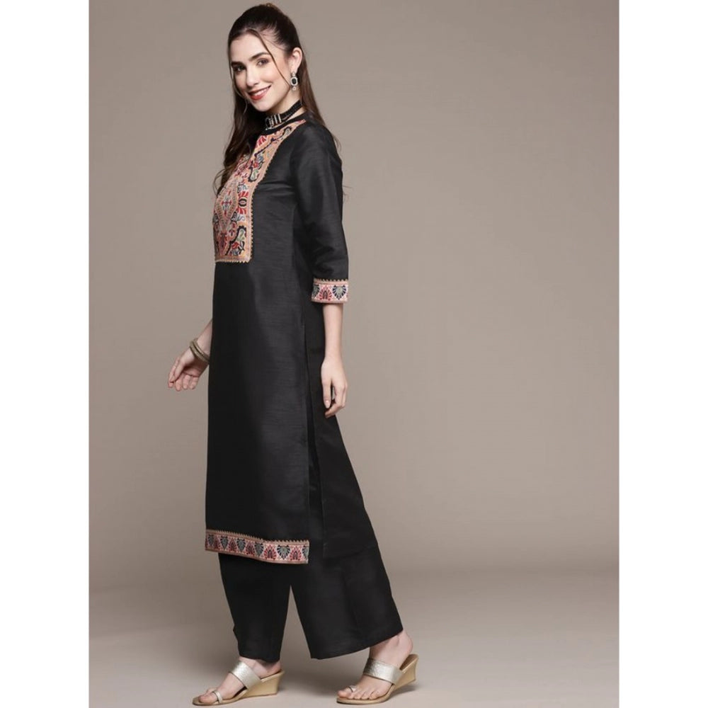 Amfyn Women's Casual 3-4Th Sleeve Floral Printed Poly Silk Kurti and Palazzo Set (Black)