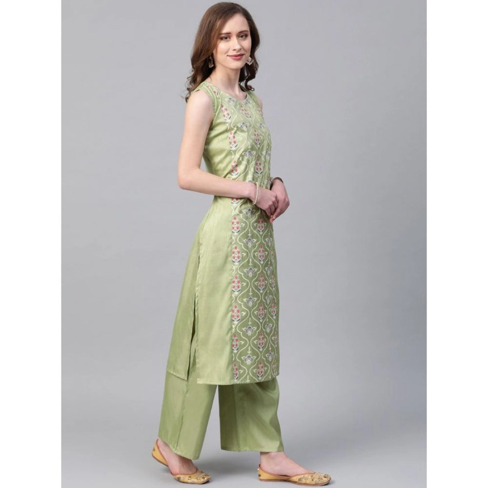 Amfyn Women's Casual Sleeveless Floral Printed Poly Silk Kurti and Palazzo Set (Green)