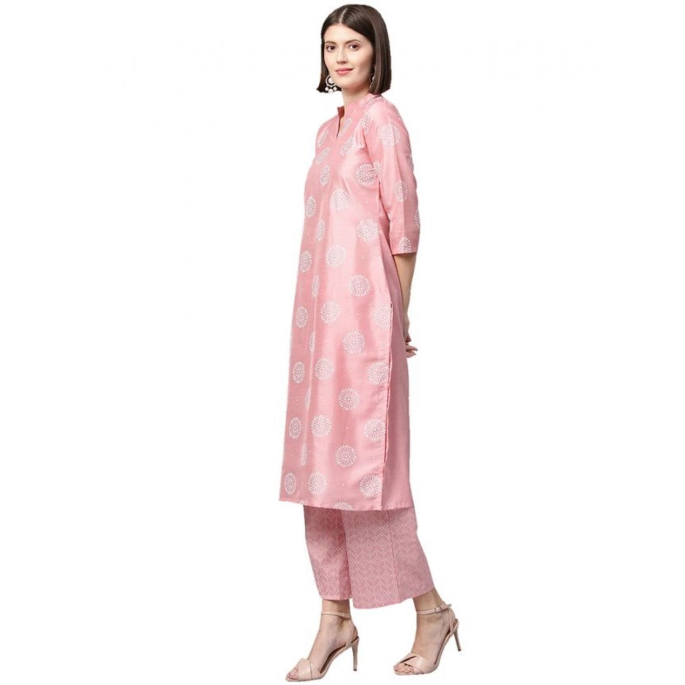 Amfyn Women's Casual 3-4Th Sleeve Floral Printed Poly Silk Kurti And Palazzo Set (Pink)