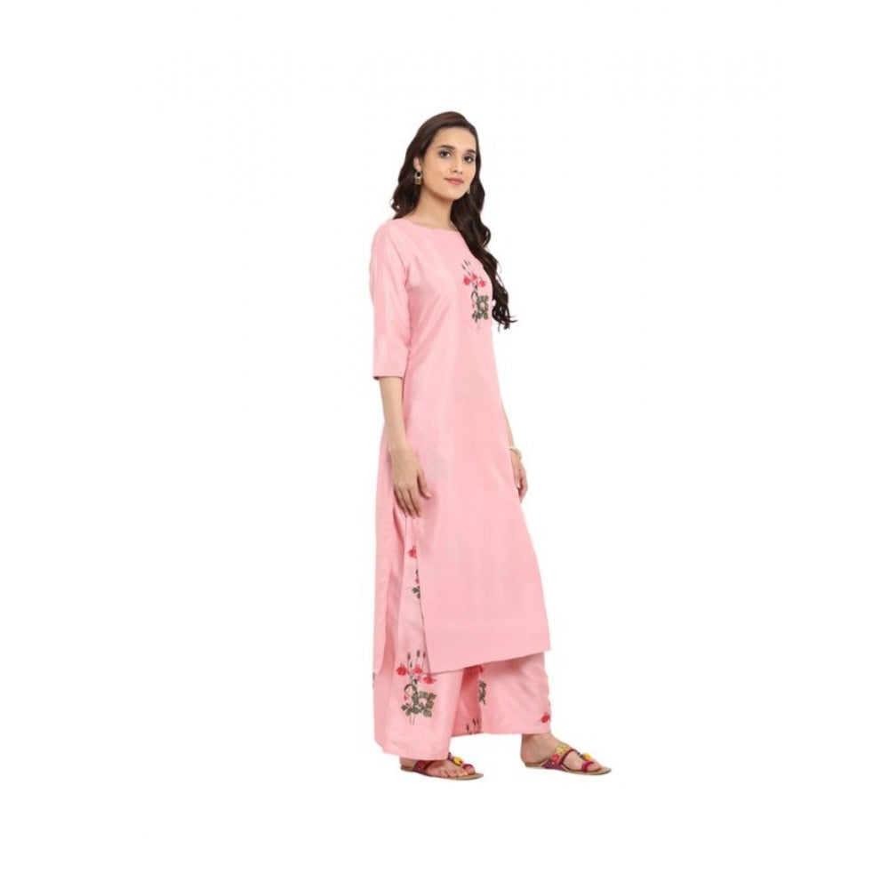 Amfyn Women's Casual 3-4Th Sleeve Floral Printed Poly Silk Kurti and Palazzo Set (Pink)