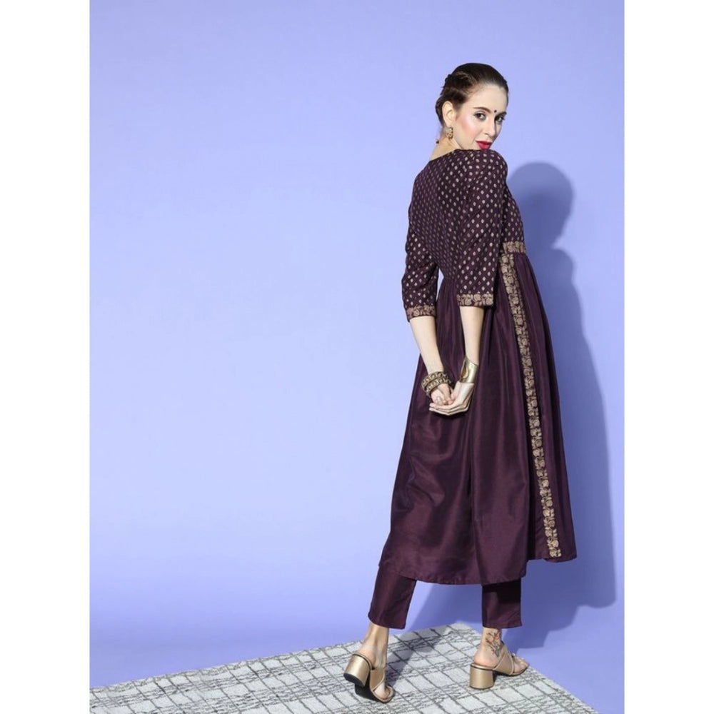 Amfyn Women's Casual 3-4Th Sleeve Floral Printed Chinon Kurti And Pant Set (Wine &amp; Purple)